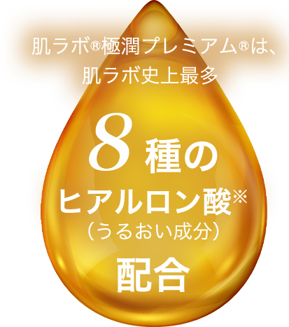 肌ラボ®極潤プレミアム®は、肌ラボ史上最多８種のヒアルロン酸※（うるおい成分）配合