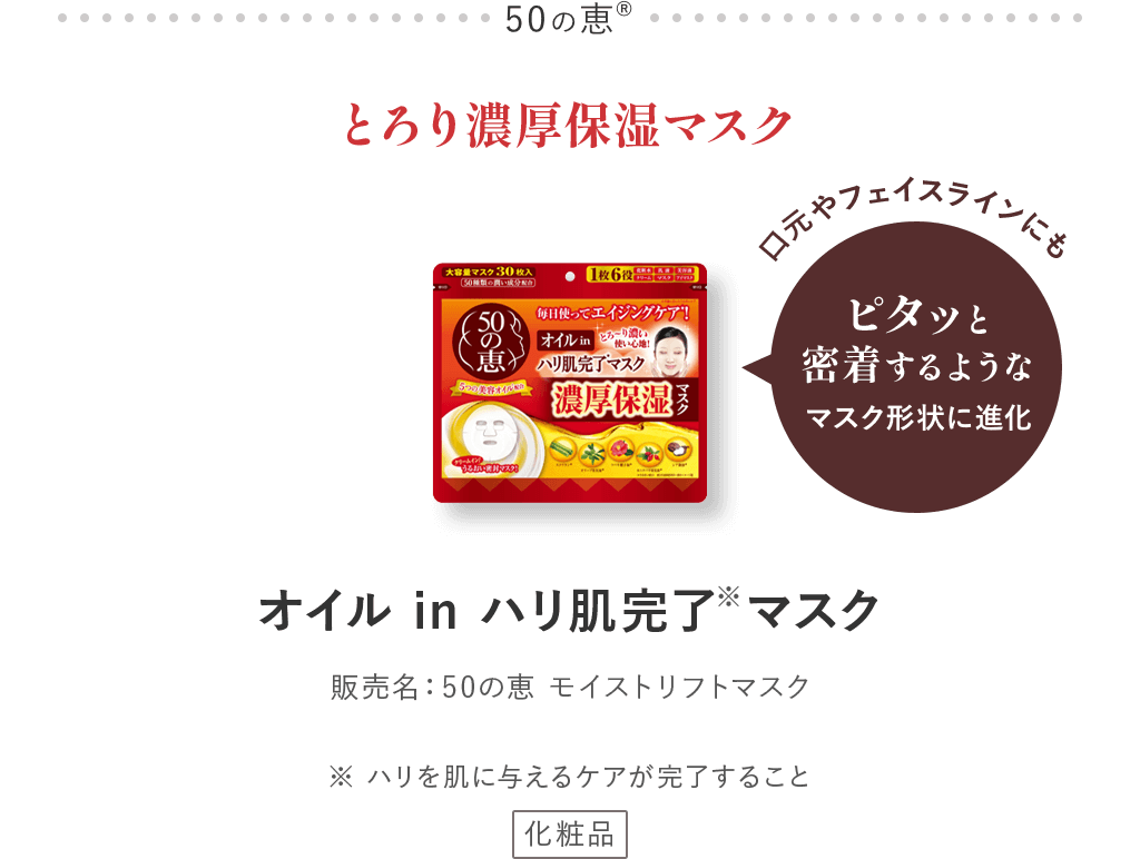 50の恵® とろり濃厚保湿マスク オイル in ハリ肌完了  マスク 販売名：50の恵 モイストリフトマスク ※ハリを肌に与えるケアが完了すること