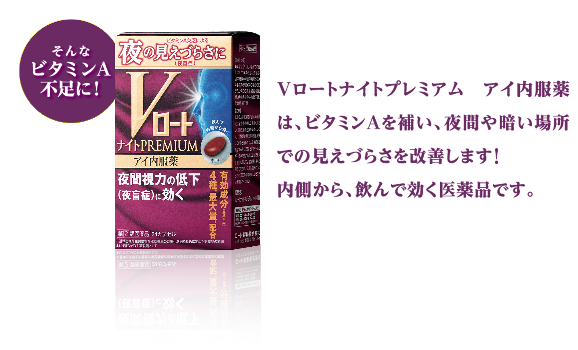 Vロートナイトプレミアム　アイ内服薬は、ビタミンAを補い、夜間や暗い場所での見えづらさを改善します！内側から、飲んで効く医薬品です。